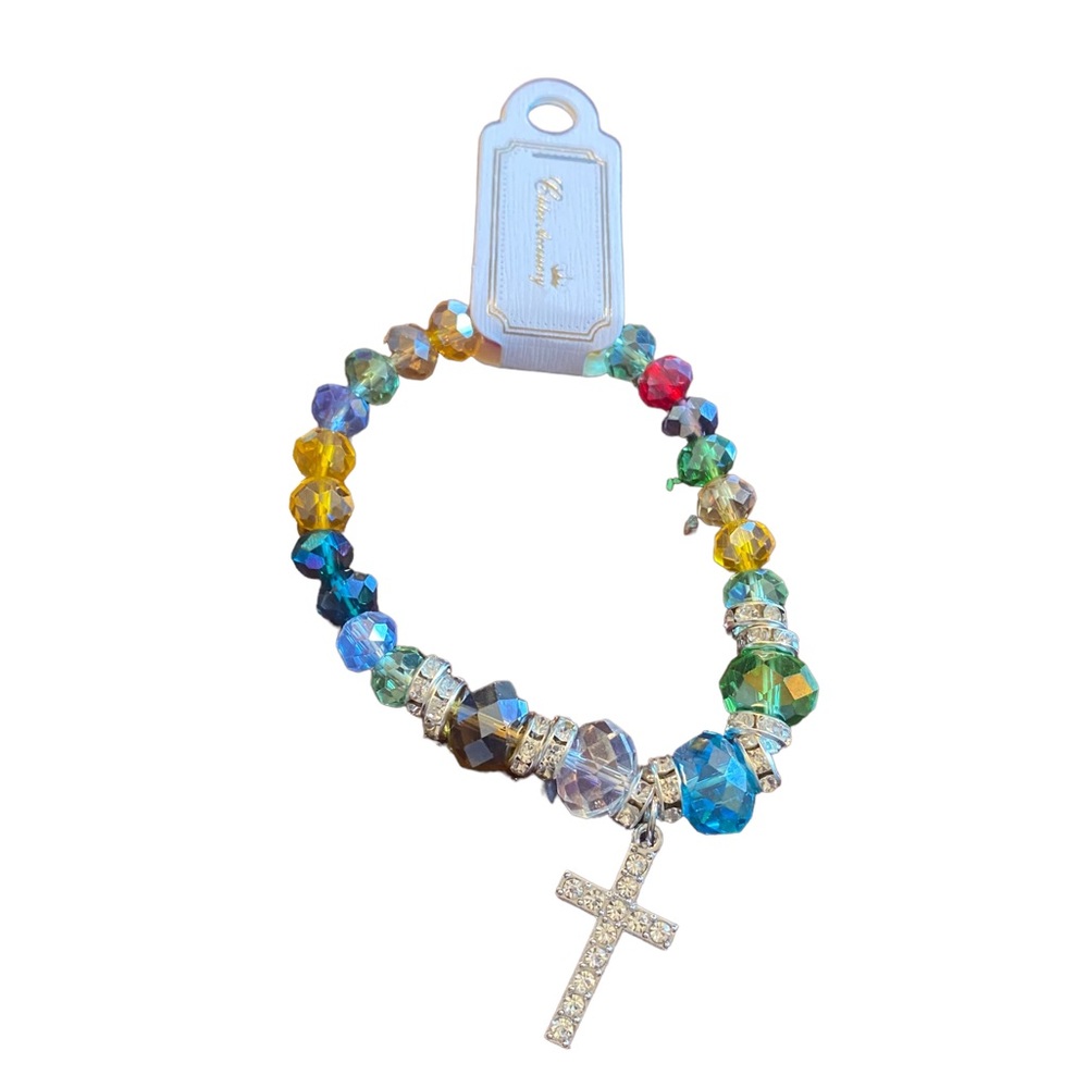 Multicolored Beaded Stretch Bracelet with Cross Charm
